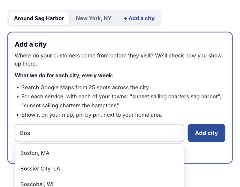 The Add a city box in the AnswerPins dashboard: typing Bos shows Boston, MA, Bossier City, LA and more to pick from, next to Sailacat's existing New York city.