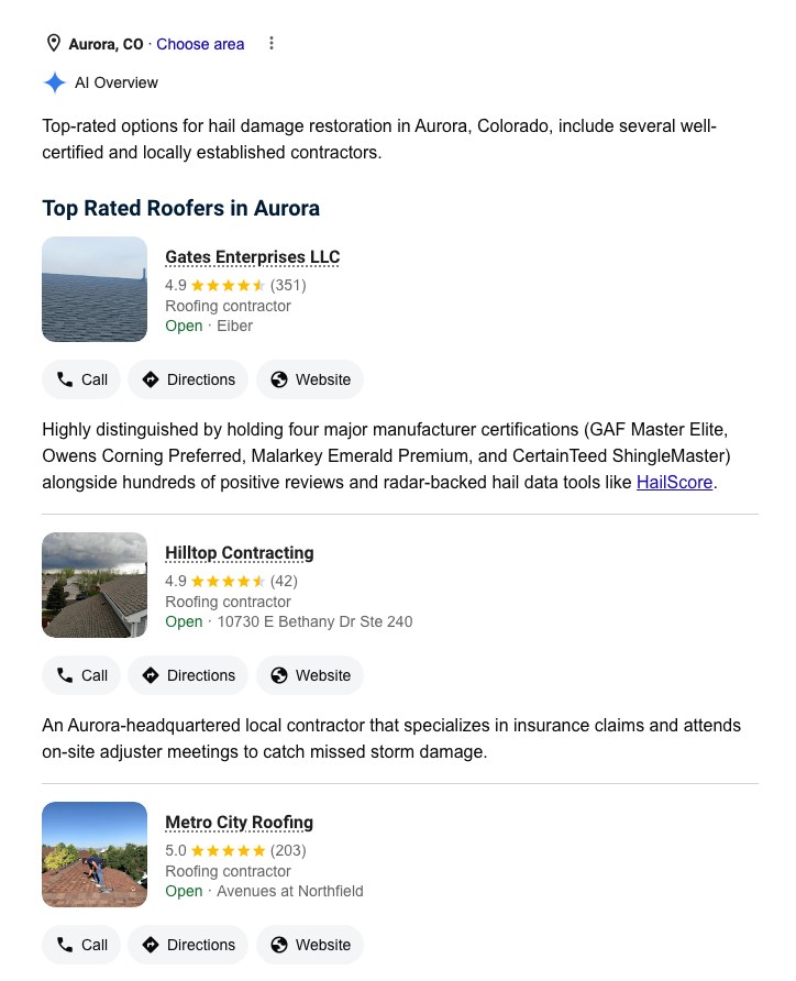 Real Google AI Overview for who is the best roofer in Aurora, Colorado for hail damage: it recommends Gates Enterprises, Hilltop Contracting and Metro City Roofing, each shown as its Google Business Profile card with Call, Directions and Website buttons.