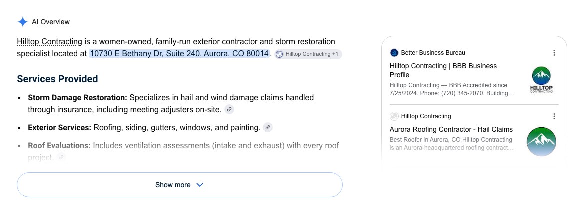 A real Google AI Overview describing Hilltop Contracting, quoting its address and services, with its sources listed on the right: the Better Business Bureau profile and the company website.