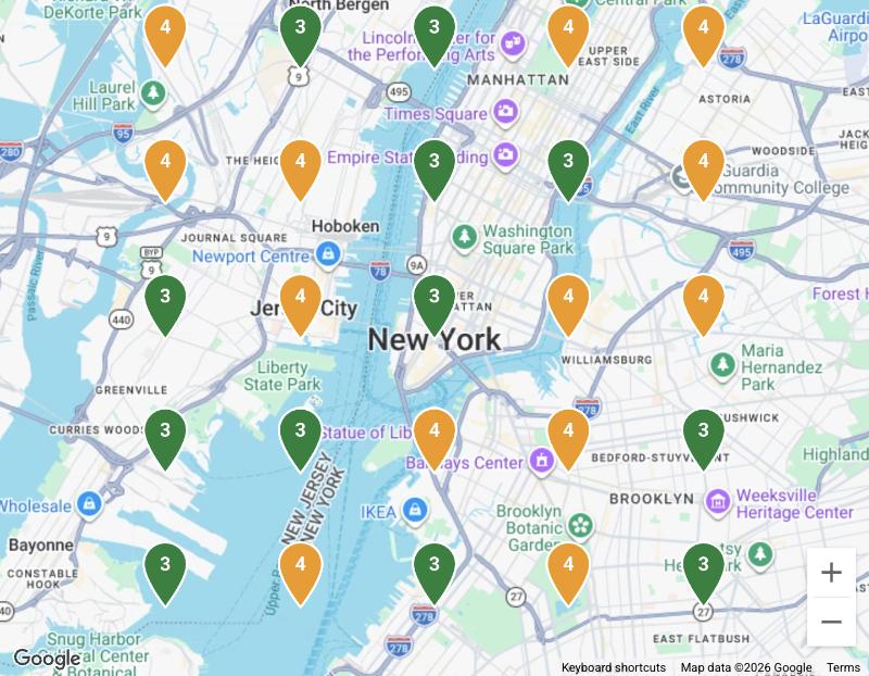 Sailacat's Pin Grid across New York City for sunset sailing charters sag harbor: top 3 at many spots across Manhattan, Brooklyn and Jersey City.