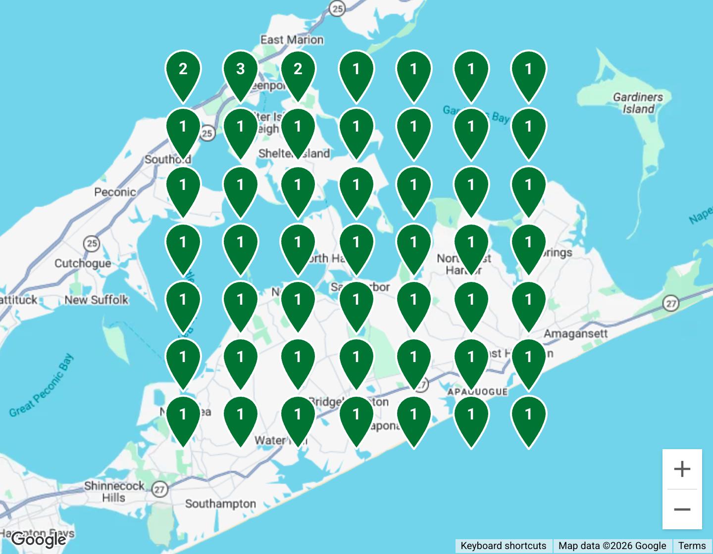 Sailacat's Pin Grid on Google Maps around Sag Harbor: #1 at 46 of 49 spots, #2 and #3 at the other three.
